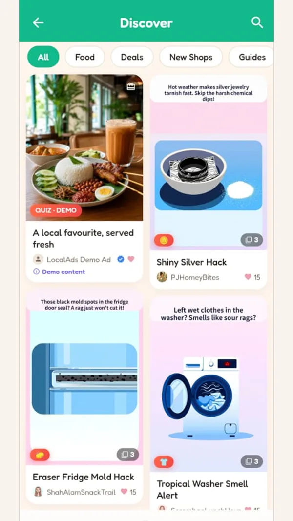 Actual LocalAds Discover screen showing nearby content